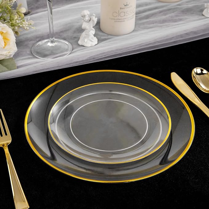 LIYH 60 Pcs Clear and Gold Plastic Plates Heavy Duty Clear Disposable Plates for Party Gold Plastic Plate for Wedding Birthday Include 30 Dinner 30 Dessert Plate