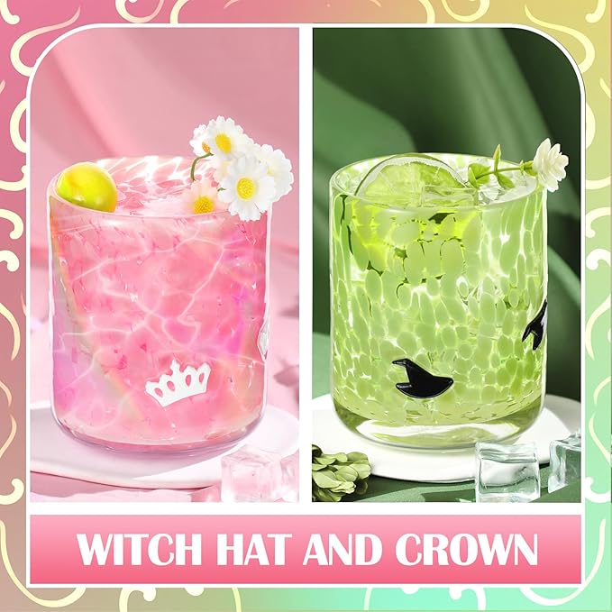 Icon Juice Glasses, 14oz Stemless Wine Drinking Juice Glass Cup for Valentine Party Supplies Gift(2 Pcs,Witch & Princess)