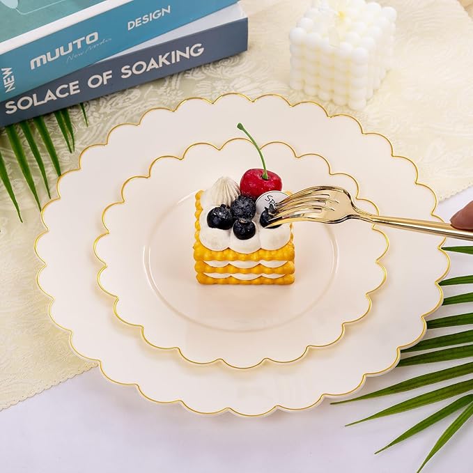 LIYH 60 Pcs Ivory and Gold Scalloped Plastic Plates - Disposable Fancy Combo Plates Includes 30 Dinner Plate 10.25" and 30 Dessert Plate 7.5" Plastic Heavy Weight Party Tableware Dishes