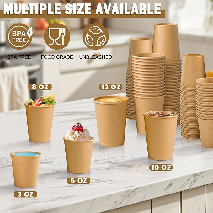 Lamosi 100 Count 12 oz Paper Cups, Disposable Kraft Paper Coffee Cups 12 Ounce for Hot/Cold Beverages, Water, Party, Picnic, Travel, Events
