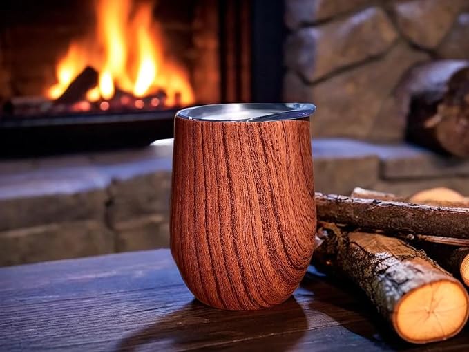 CHILLOUT LIFE 12 oz Stainless Steel Wine Tumbler with Lid - Double Wall Vacuum Insulated Wine Cup Glass Keeping Cold & Hot for Coffee, Champagne, Cocktails, Ice Cream - Wood