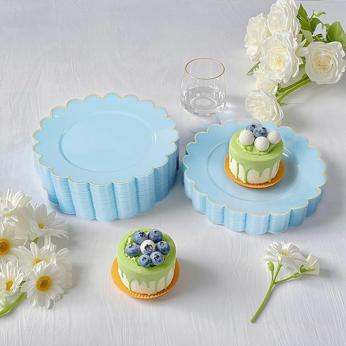 LIYH 100 Pcs Blue Plastic Plates - 7.5 Inch Scalloped Edges Disposable Dessert/Salad Plate- Blue with Gold Rim Premium Hard Appetizer Cake Plastic Plates for Party,Weddings,Bridal Shower