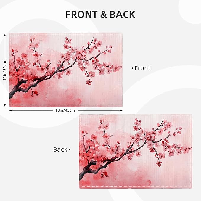 Japanese Cherry Blossom Placemats Set of 6, Pink Sakura Floral Place Mats, Flower Waterproof Washable Table Mats for Home Party Indoor Kitchen Dining Table Decoration 12x18 Inch