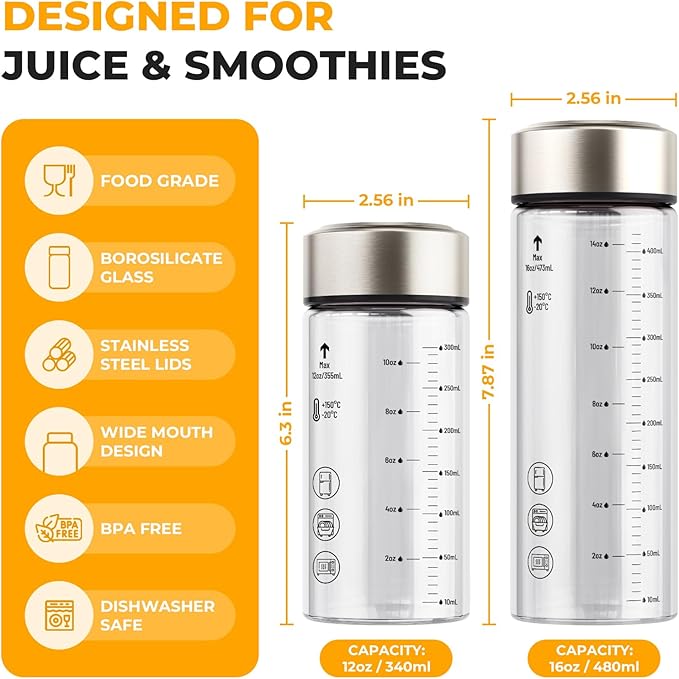 Sursip 12 oz Glass Juice Bottles – 4 Pack Wide Mouth Bottles with Stainless Steel Lids – Leakproof, BPA Free, Heat-Resistant Borosilicate Glass for Juicing, Smoothies, Milk, Protein, Beverage Storage