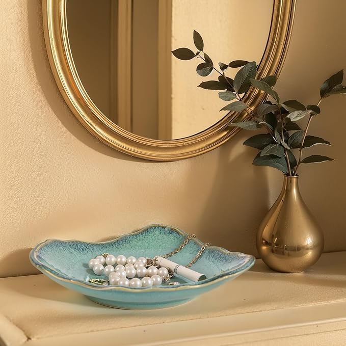 Green Ceramic Decorative Bowl – 12 In Fruit Bowl, Candy Dish, Key Bowl for Entryway Table, Trinket Dish, Ring Dish, Jewelry Tray, Porcelain Catchall for Kitchen, Bedside, Living Room Home Decor