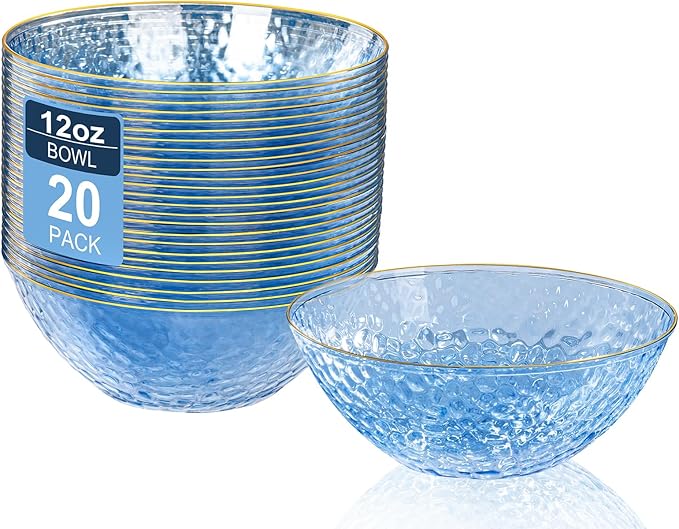 I00000 20 Pack 12 Ounce Blue Plastic Bowls Hammered Gold Rimmed Crystal Like, Heavy duty Disposable Bowl Set,Elegant Soup/Salad/Dessert/Ice Cream Bowls For Party, Weddings, Catering