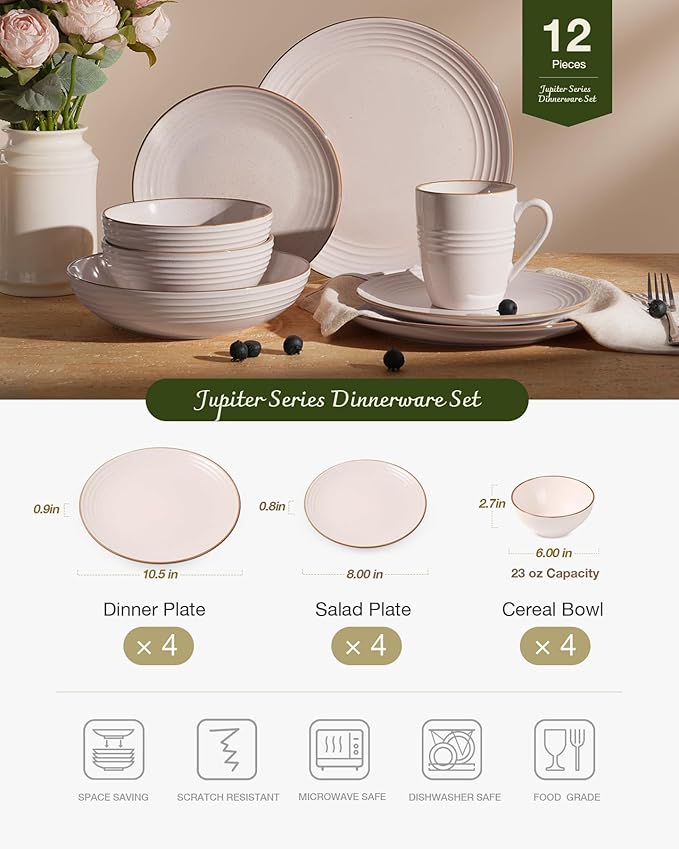 Famiware Jupiter Dinnerware Set, Plates and Bowls Dish Sets for 4 (12 Pieces), Microwave and Dishwasher Safe Stoneware Speckled Tableware, Chip and Scratch Resistant, Light Pink