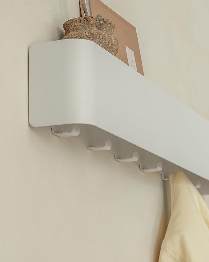 Kazai.® Coat Rack Wall Mount with Shelf 'Tone' | Modern Design Coat Hanger with Hidden Hooks and Storage | Hat Rack with Shelf in Metal | Wall-Mounted Purse Organizer | White