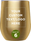 Custom Stemless Wine Glass Tumblers with Lids by Largo 11 oz. Set of 6, Personalized Bulk Pack - Perfect for Wine, Cocktails, Other Hot & Cold Beverages - Gold