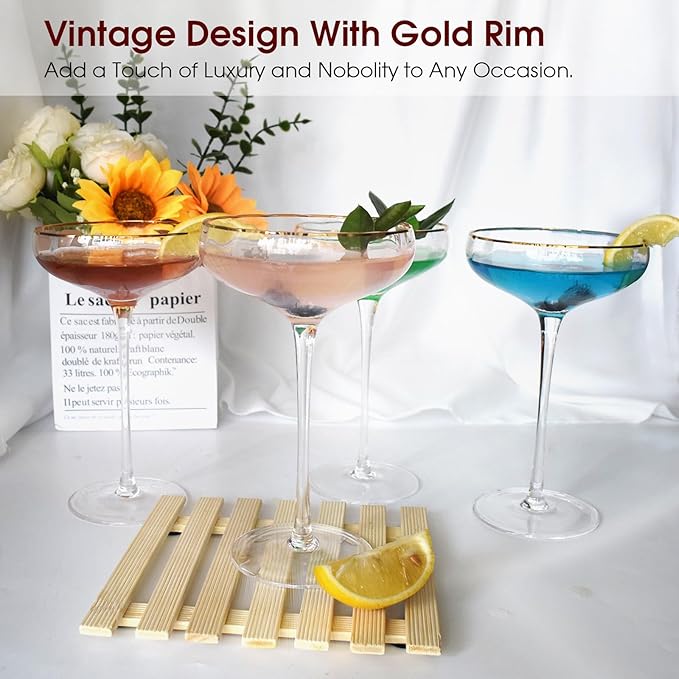Vintage Coupe Glasses Set of 4, Tall Stemmed Martini Glasses, Gold Rim Cocktail Champagne Glasses, Perfect for Bar, Martinis, Margaritas, Parties, Ideal Gift Choice, 7.7oz Clear