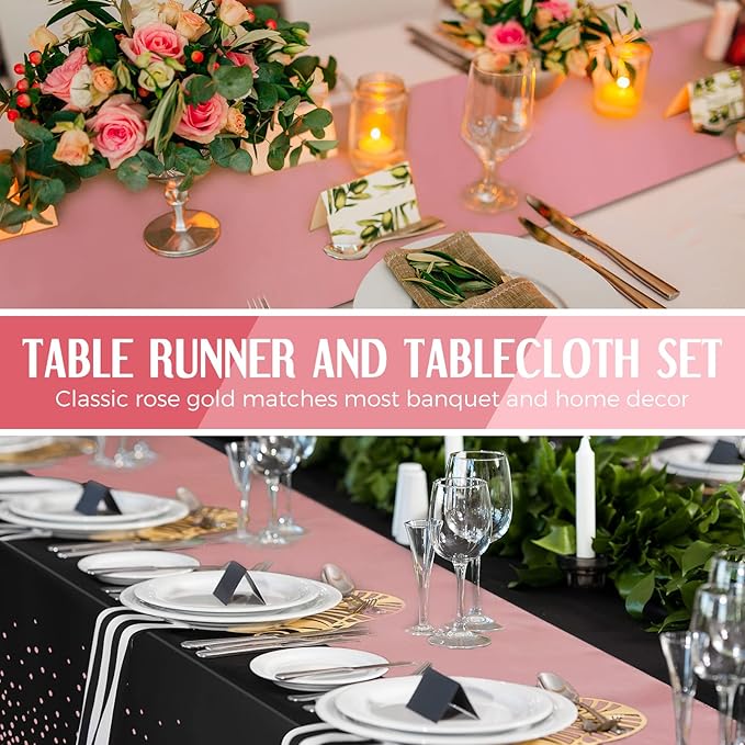 Breling 8 Pack Black and Rose Gold Disposable Plastic Tablecloths and Satin Table Runner Set, 54 x 108 Inch Tablecloth, 12 x 108 Inch Table Runners for Wedding Graduation Birthday Baby Shower New Year