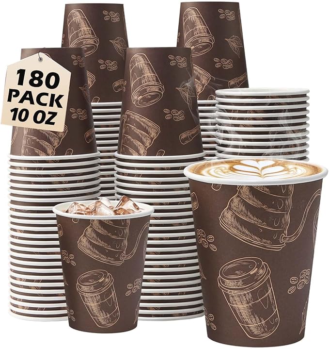 180 Pack 10 oz Disposable Paper Coffee Cups, Hot/Cold Beverage Drinking Cups, Brown Hot Coffee Cups for Party, Picnic, Travel, and Events
