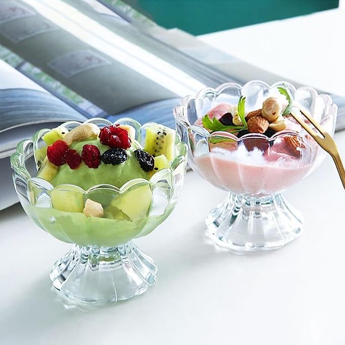 Iced Cream Dessert Bowl，Set of 6，6oz Vintage Glass ware with Heavy Base, Drinking Cup for Sundae, Fruit, Ice Cream, Snack, Condiment (6)
