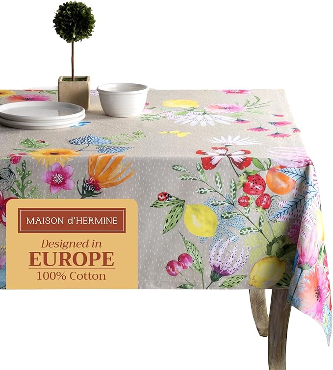 Maison d' Hermine Table Cloth Rectangle Table 100% Cotton 70 x 108 Inches Tablecloth Reusable Decorative for Dining Room Farmhouse Home Valentines Day Decorations Spring Summer - Jardin D'Ete - Fog