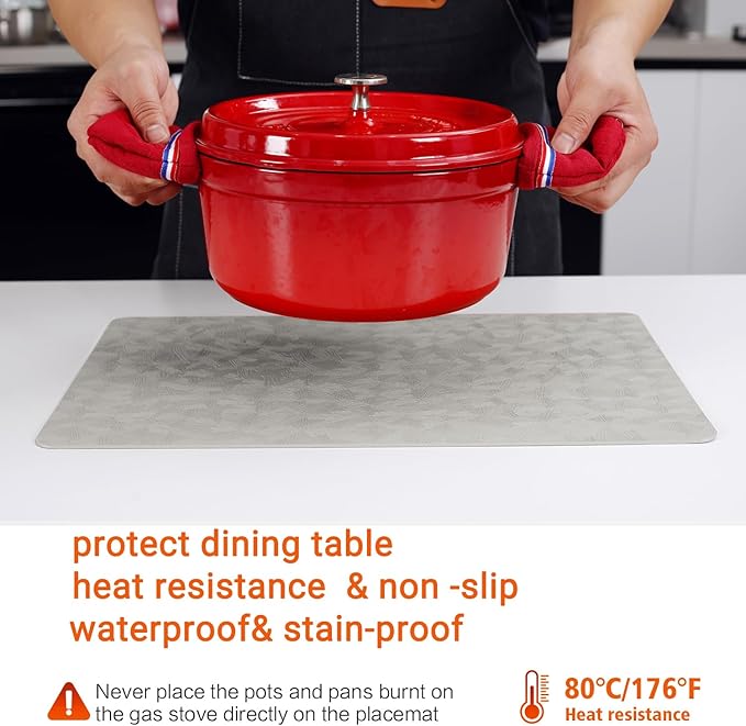 Vinyl Placemats Set of 4 Heat Resistant Easy Clean Non-Slip Place Mats for Dining Table Faux Leather Waterproof Stain Resistant Wipeable Washable PVC Table Mats(4, Light Gray)