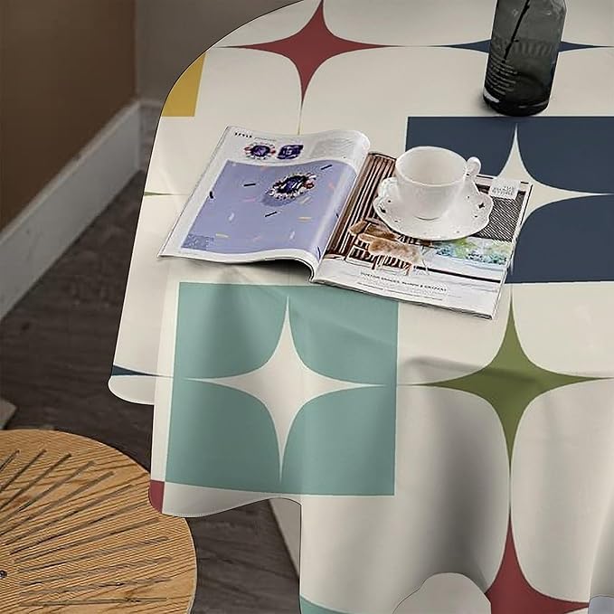 Middle Century Modern Round Tablecloth, Retro Mid Century Geometry Abstract Bohemia Tablecloth for Home Party Dining Room Kitchen Decor 50Inch(127cm)