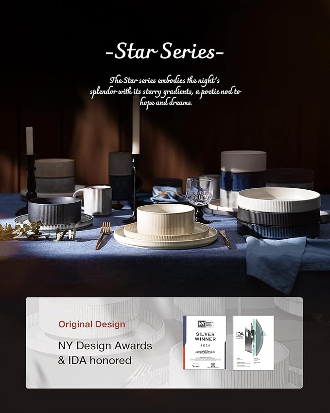 famiware Star 7.5" Pasta Bowls Set, Salad Bowl Set of 4, Double Reactive Glaze, Stackable, Perfect for Your Friend for Housewarming, Thanksgiving, Christmas, Dark Charcoal & White Full Glaze Matte