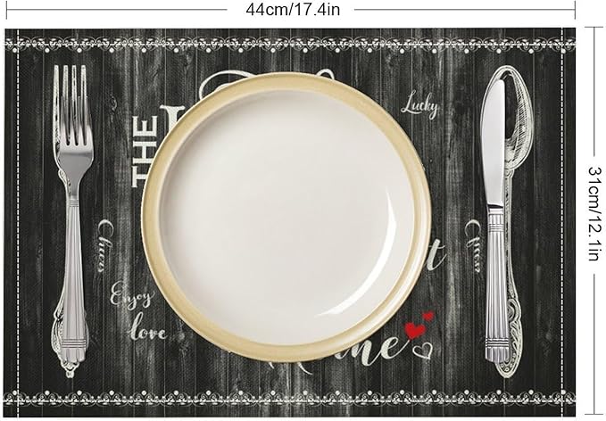 Vintage Farmhouse Placemat Set, Minimal Black White Rural Plank Art Sketch Cutlery Knife Fork Inspirational Quotes Pattern Home Decor Linen Table Mats for Dining Room Kitchen Party (17x12in) x4P
