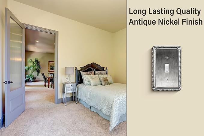 Henne Bery Rope Edge Decorative Wall Plate Switch Plate Outlet Cover, Aged Bronze (Single Toggle, 2 Pack, Heirloom Silver)