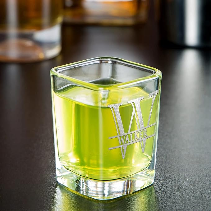 Personalized Glasses Set of 2 Initial and Name 2oz Teal Bottom Etched Square Shot Glass Engraved with Custom Text Birthday Gift for Men and Women
