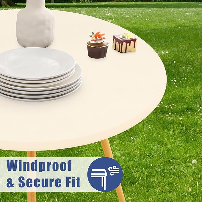 Round Spandex Tablecloth 2 Pack, Elastic Fitted Waterproof Tablecloths for 57"-68" Tables, Stretch Washable Picnic Table Cover for Camping, Dining, Indoor and Outdoor, Beige