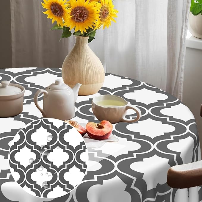 Laeacco 36 Inch Morocco Round Tablecloth Grey White Geometric Lattice Modern Abstract Art Print Table Cloth Washable Waterproof Wrinkle Free Table Cover for Kitchen Dining Picnic Party Decoration