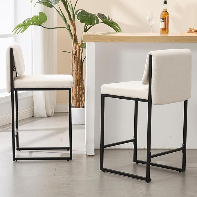 Modern Barstools Set of 4, 26” Upholstered Counter Height Bar Stools Sherpa Fabric Counter Stools with Padded Back Metal Frame for Kitchen Island Dining Room, White