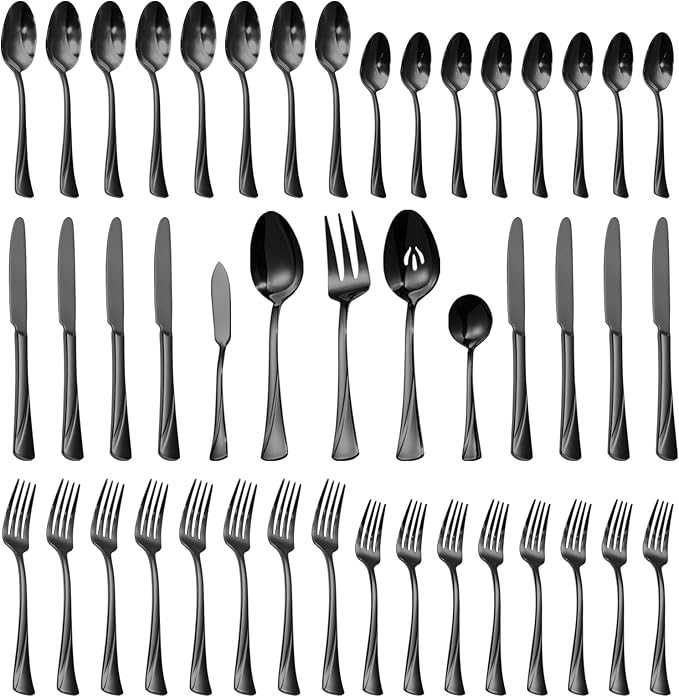 Alata Alice Black Mirror 45-Piece Silverware Set Stainless Steel Flatware Set,Service for 8,Mirror Polished Cutlery Set,Dishwasher Safe