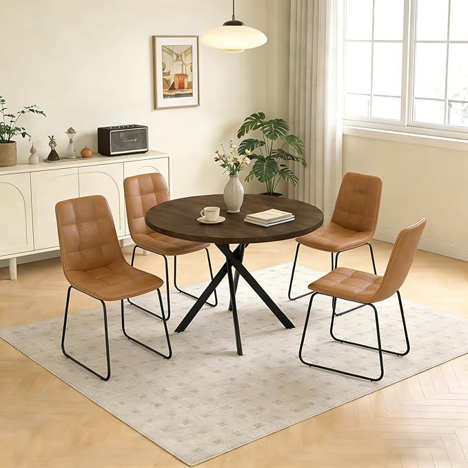 44" Round Dining Table with Cozy Chair Set for 4, Modern Mid-Century Dining Table Set of 4, Dinette Sets with Metal Leg for Kitchen Dining Room Apartment(Walnut Table + Brown Chairs)