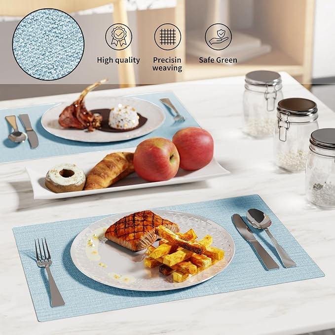 Cloth Placemats, Set of 4 Heat-Resistant Cotton Linen Blend Double Layered Machine Washable Place Mats, Wrinkle Free Thick Fabric Dining Table Mats for Indoors & Outdoors (Sky Blue, 4)