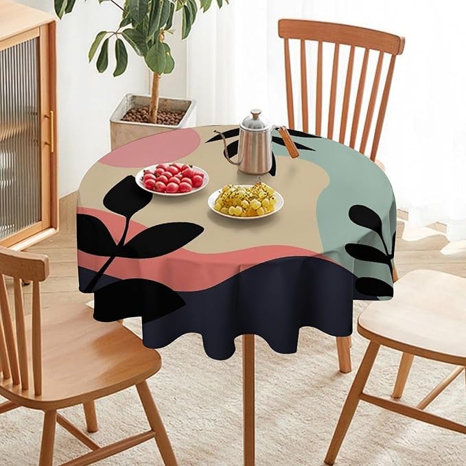 Medieval Bohemian Abstract Round Tablecloth, Mid Century Modern Leaves Geometric Tablecloth for Home Party Dining Room Kitchen Decor 36Inch(90cm)