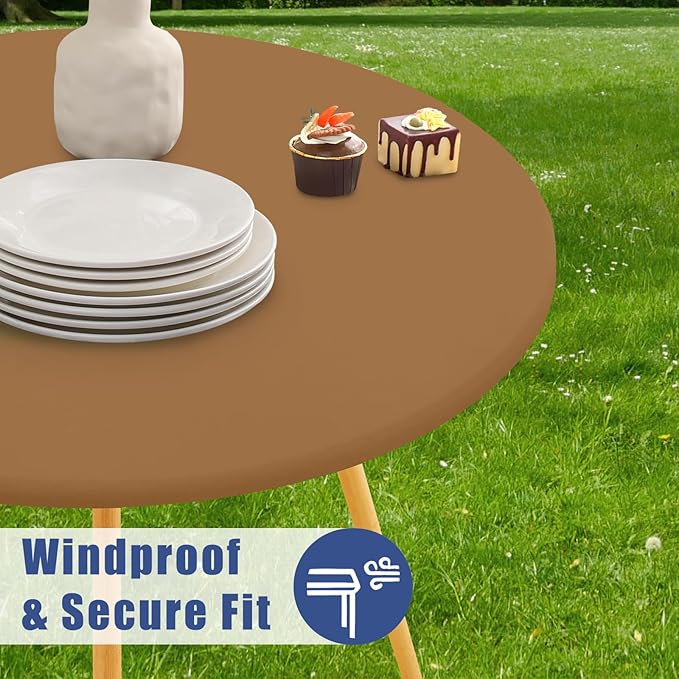 Round Spandex Tablecloth, Elastic Fitted Waterproof Tablecloths for 31"-35" Tables, Stretch Washable Picnic Table Cover for Camping, Dining, Indoor and Outdoor,Brown