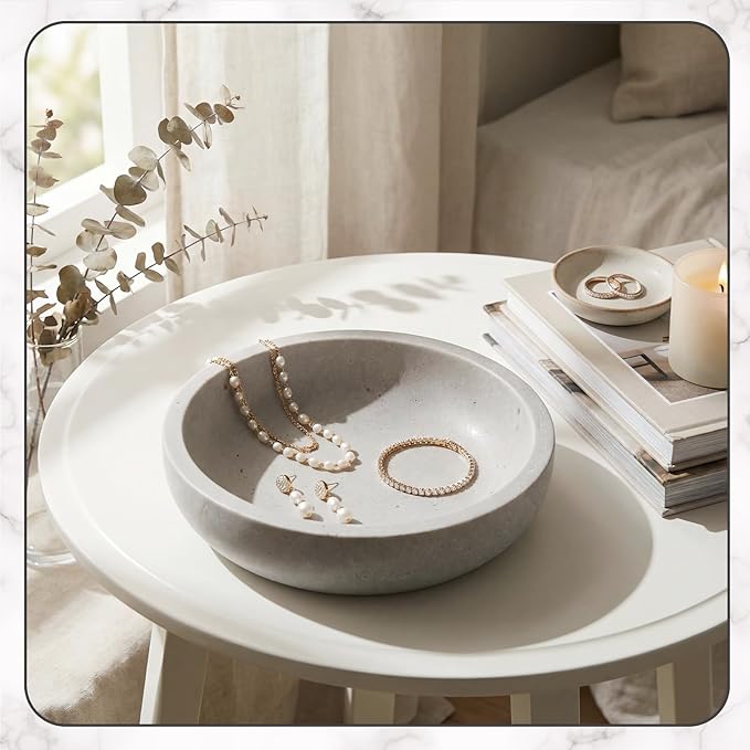 LemonRoad Travertine Decorative Bowl 7.8"x 2" Marble Round Stone Bowl for Entryway Key, Fruit, Kitchen Counter, Dining Table Centerpiece, Office Decor (Grey)