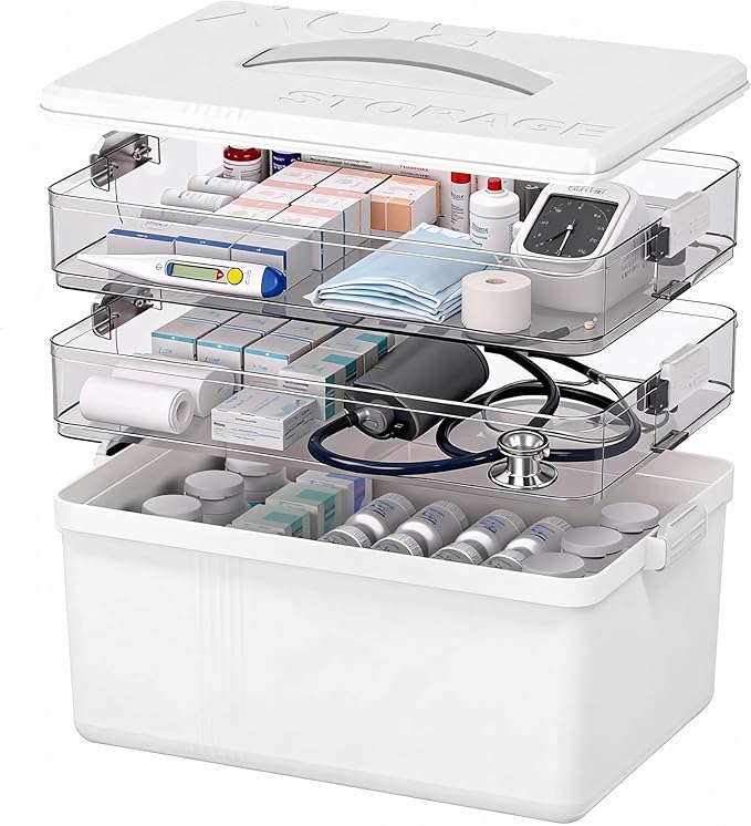 Citylife 3-Tier Medicine Cabinet Organizer,Medicine Cabinet First Aid Kit with Handle,Portable Multi-Purpose Storage Box Suitable for Family Emergency,Home,Travel,White