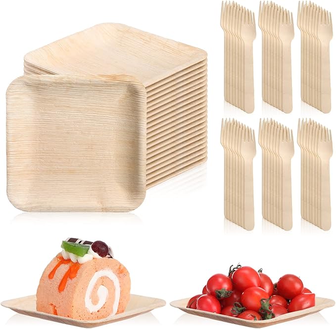 Irenare 200 Pcs Palm Leaf Plates and Wooden Forks Set, 6 Inch Bamboo Square Disposable Party Plates Compostable Tableware for Appetizers Wedding Picnic Dessert BBQ Camping Events
