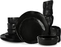 Stone by Mercer Project Atik Modern Stoneware 16-Piece Dinnerware Set, Plate and Bowl Set, Dish set for 4, Black