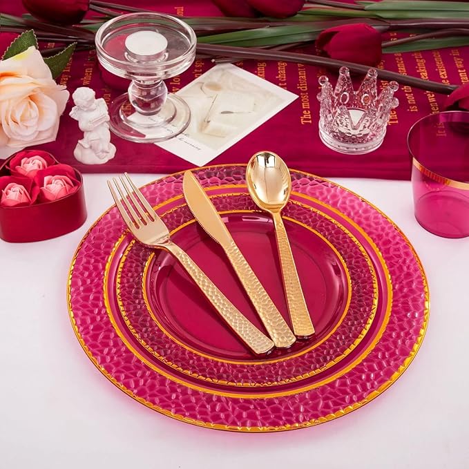 Ciaell 150PCS Clear Red Plastic Plates - Disposable Red and Gold Plates Set include 50Plates, 25Forks, 25Knives, 25Spoons, 25Cups for Wedding & Party & Valentine's Day