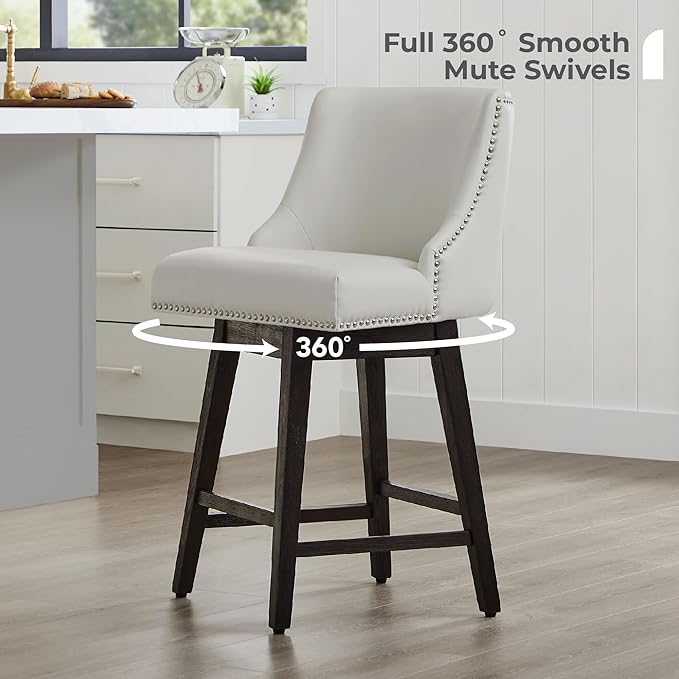 CHITA Counter Height Swivel Bar Stools Set of 4, FSC Certified Upholstered Counter Stools, Modern Swivel Barstools with Wood Legs for Kitchen Island, 26" Seat Height, Faux Leather in Creamy Grey