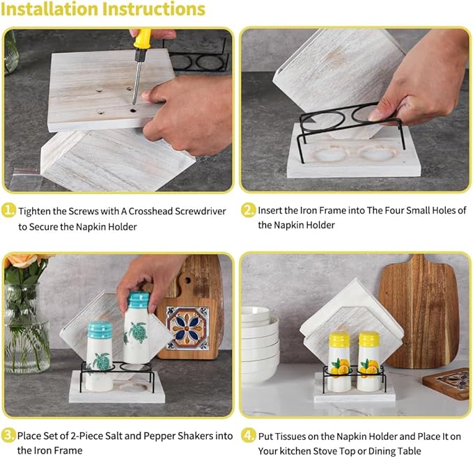 Rustic Farmhouse Napkin Holder Set - Natural Wood Kitchen Organizer with Sunflower 2 Salt & Pepper Shakers for Countryside Dining & Minimalist Home Decor (Gift Ready)