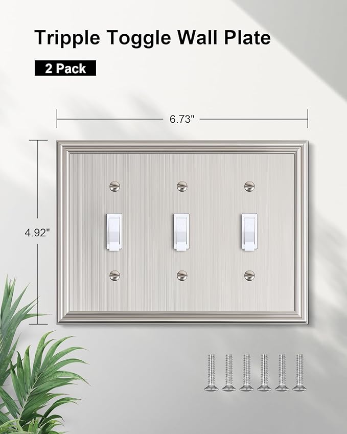 2-Pack Triple Toggle Light Switch Cover Plate, Durable Solid Zinc Alloy Decorative Switch Plate Covers, Brushed Nickel 3 Gang Wall Plate, Corrosion Resistant
