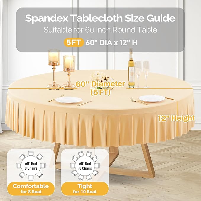 2 Pack Champagne Spandex Round Tablecloths for 60 inch Tables, Stretchy Fitted 5FT Round Table Cloths with Skirt for Wedding Party Dining Banquet