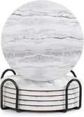 Acejoz Drink Coasters with Holder for Coffee Table, Absorbent Coaster Set of 6, Marble Style Ceramic Coaster for Wooden Table, Suitable for Kinds of Cups, Home Decor, 4 Inches