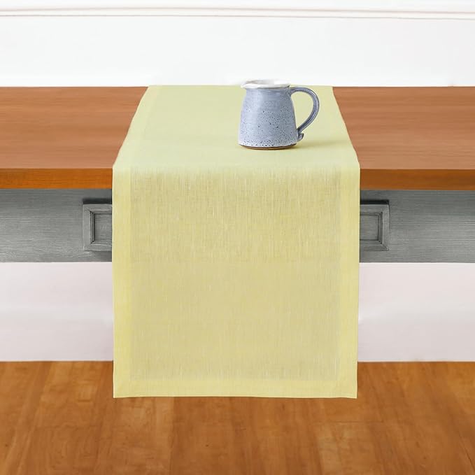 Solino Home Linen Small Table Runner 48 Inches - Athena, 100% Pure Linen Chambray Yellow Table Runner 14 x 48 Inch Ideal for Dresser and Coffee Tables, Spring, Easter