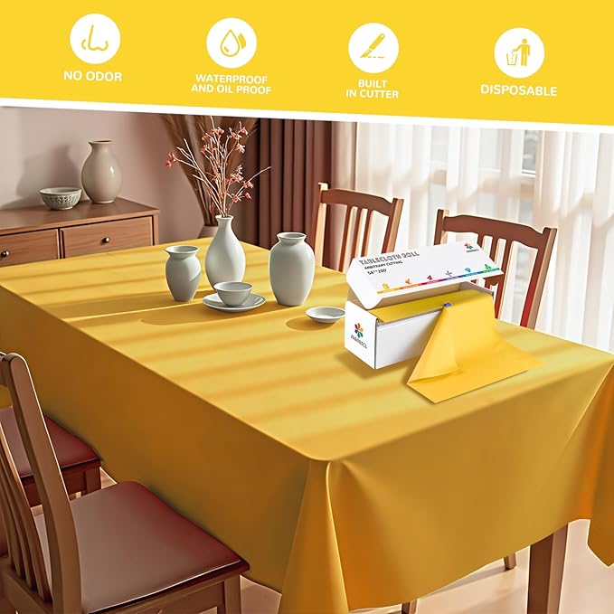 54 Inch X 200 Feet Plastic Table Cover Roll with Convenient Slide Cutter, Disposable Plastic Table Cloth Roll with Cut-to-Size Design for Weddings, Banquets, Parties (Yellow)