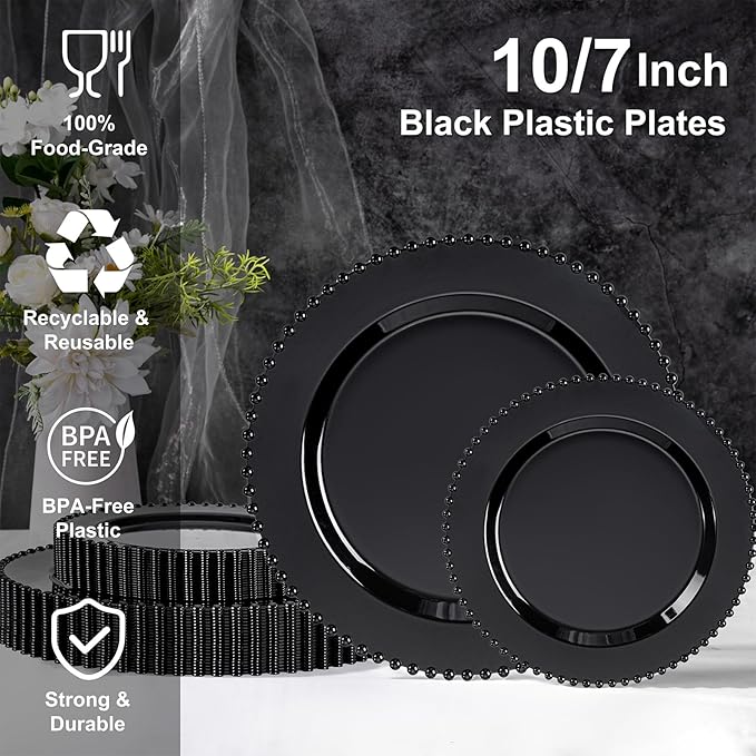 U-QE 60PCS Black Plastic Plates - Heavy Duty Black Disposable Plates Including 30PCS 10.25'' Dinner & 30PCS 7.5'' Dessert Plates -Hard Plastic Plate for Party Wedding Bridal Shower