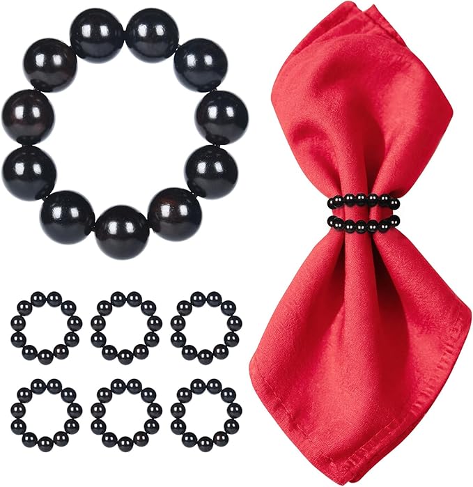 Napkin Rings Set of 6，Farmhouse Stretchable Wooden Bead Reusable Cloth Napkin Holders for Wedding, Christmas, Graduation & Dinner Parties Black Napkin Ring (6)
