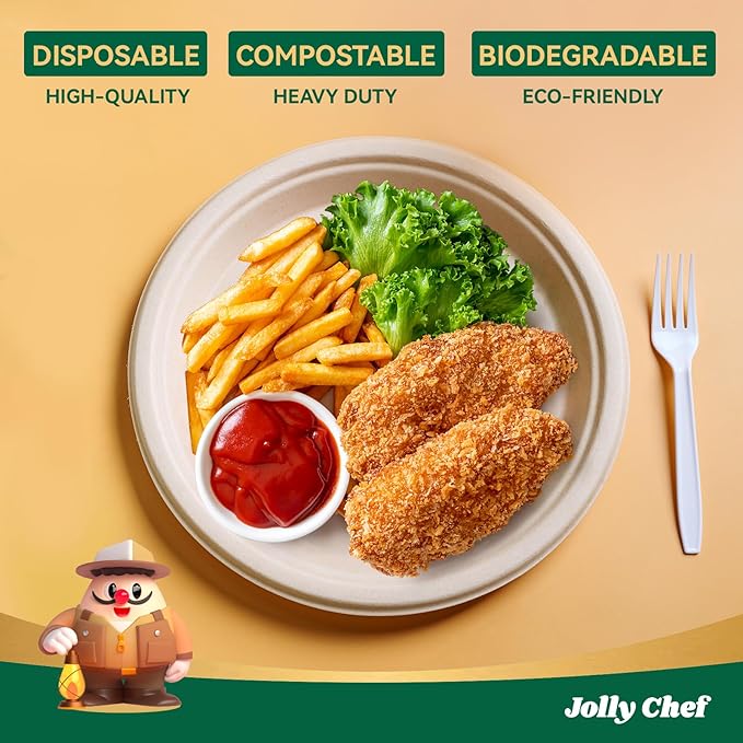 JOLLY CHEF Compostable Heavy Duty Plates 𝟭𝟬 𝗜𝗻𝗰𝗵 [𝟭𝟮𝟱 𝗣𝗮𝗰𝗸] Eco-Friendly Disposable Paper Plates Natural Bagasse Biodegradable Sugarcane Bulk for Party Hot Cold Dinner Christmas (Brown)
