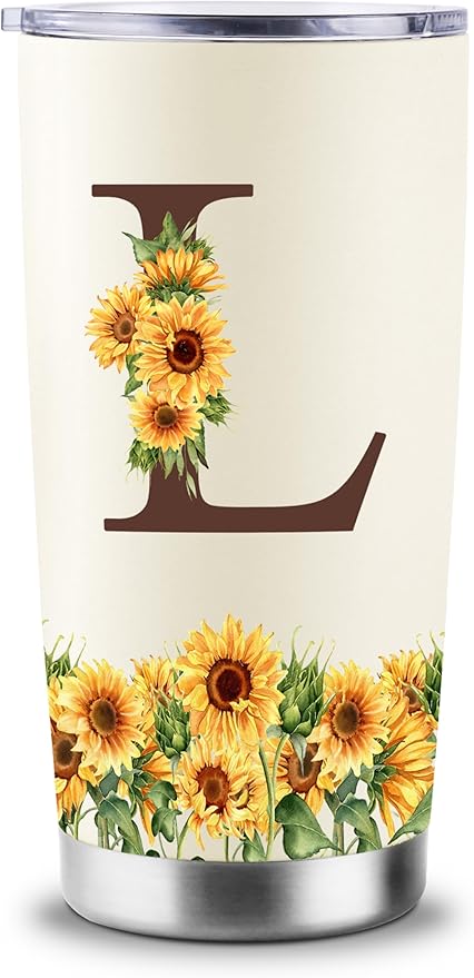 Sunflower Gifts for Women - Personalized Christmas Gifts for Women - Birthday Gift for Woman - Mothers Day Gift for Mom - Monogrammed, Initial 20oz Travel Cup Insulated Tumbler with Lid, L