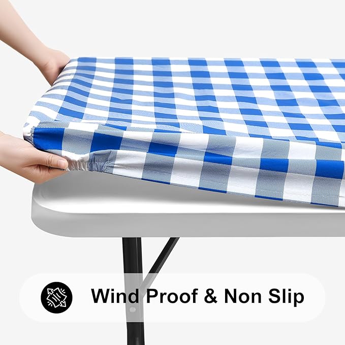 Smiry Rectangle Picnic Table Cloth, Elastic Waterproof Fitted Vinyl Tablecloths, Flannel Backed Buffalo Plaid Table Covers for Dining, Camping, Outdoor (White and Blue, 30" x 48")