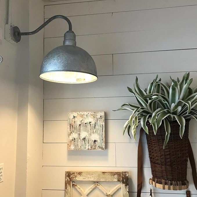 Steel Lighting Co. Hollywood Bowl Light | Outdoor Wall Mounted | 15 inch Bowl Dome | 16" Gooseneck | Barn Light Made in America | Hunter Green Exterior/Brass Interior